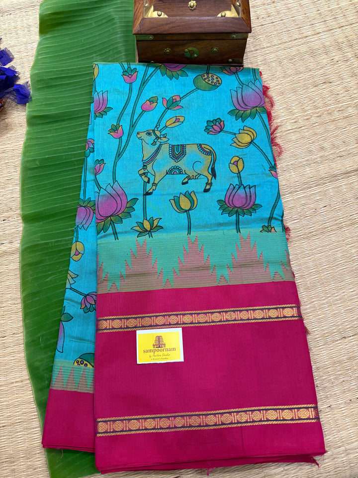 Ramar Blue with Dark Pink one side Big Temple Border Pichwai Printed Korvai Silk Cotton Saree