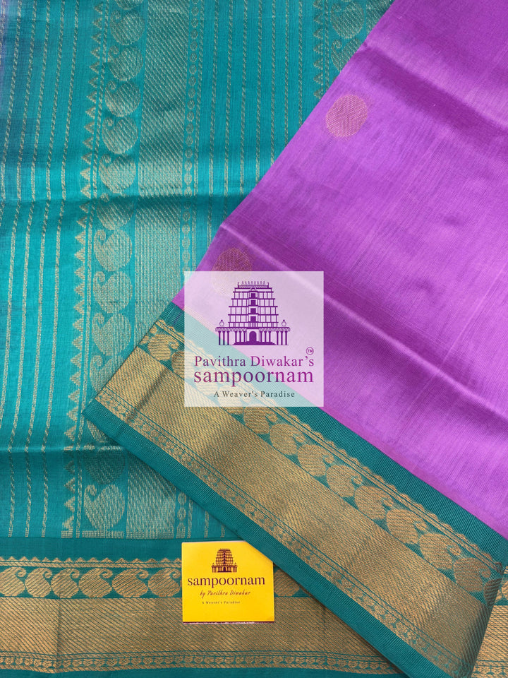 Lavender with Turquoise Blue, Rich Zari Butta in the Body, Traditional Borders and Grand Pallu Korvai Silk Cotton Saree