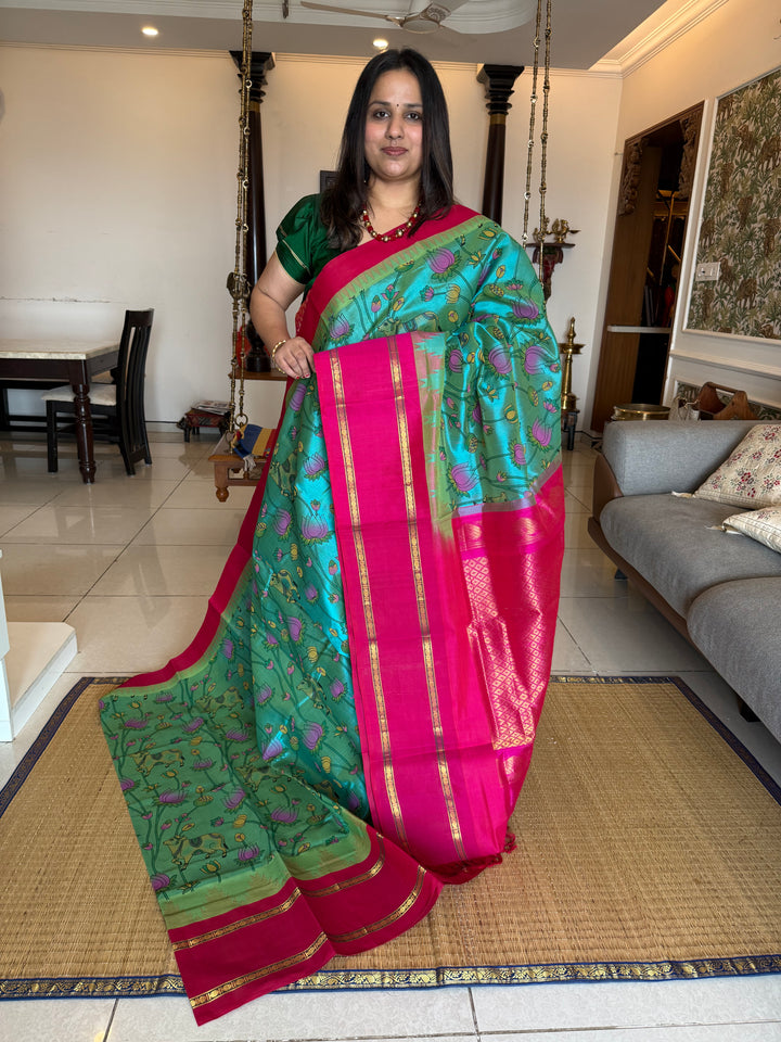 Ramar Blue with Dark Pink one side Big Temple Border Pichwai Printed Korvai Silk Cotton Saree