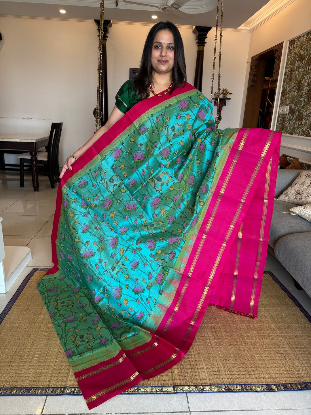 Ramar Blue with Dark Pink one side Big Temple Border Pichwai Printed Korvai Silk Cotton Saree