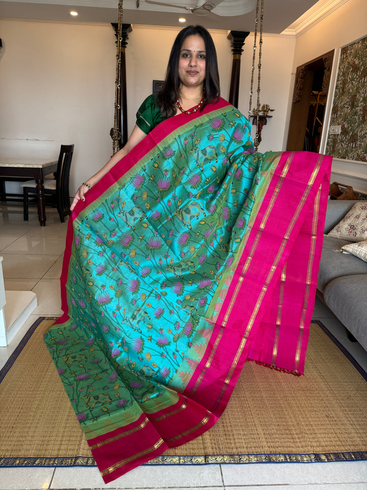 Ramar Blue with Dark Pink one side Big Temple Border Pichwai Printed Korvai Silk Cotton Saree