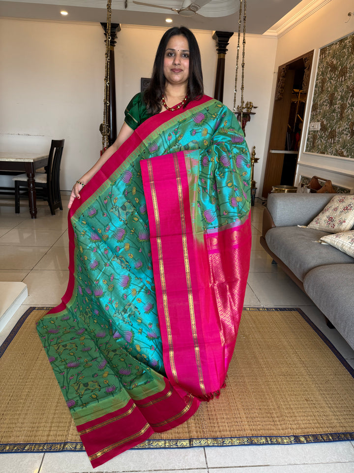 Ramar Blue with Dark Pink one side Big Temple Border Pichwai Printed Korvai Silk Cotton Saree