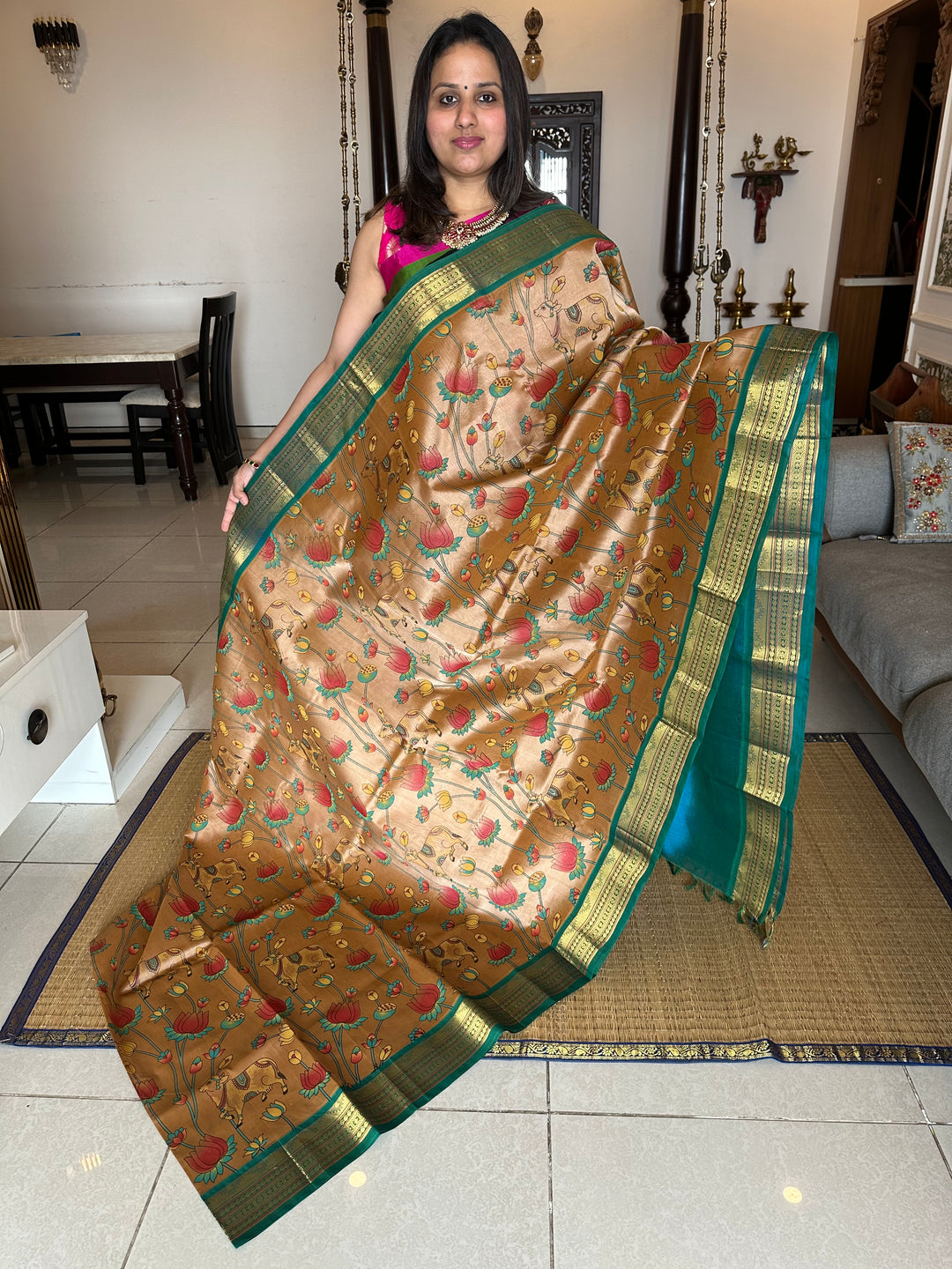 Ven Pattu Shade with Blue Pichwai Printed Korvai Silk Cotton Saree