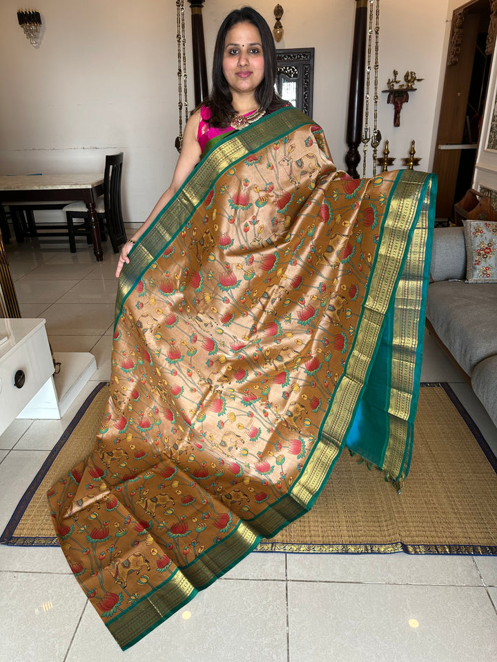 Ven Pattu Shade with Blue Pichwai Printed Korvai Silk Cotton Saree