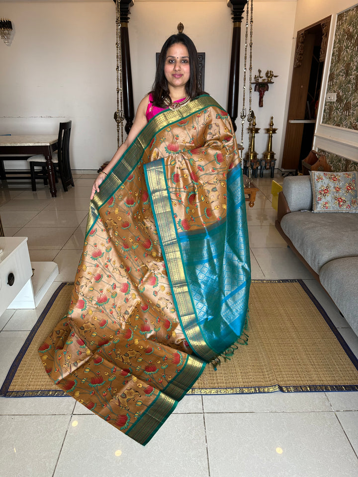 Ven Pattu Shade with Blue Pichwai Printed Korvai Silk Cotton Saree