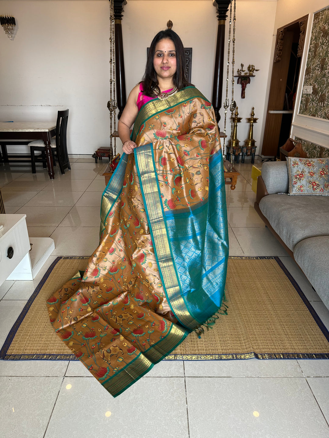 Ven Pattu Shade with Blue Pichwai Printed Korvai Silk Cotton Saree