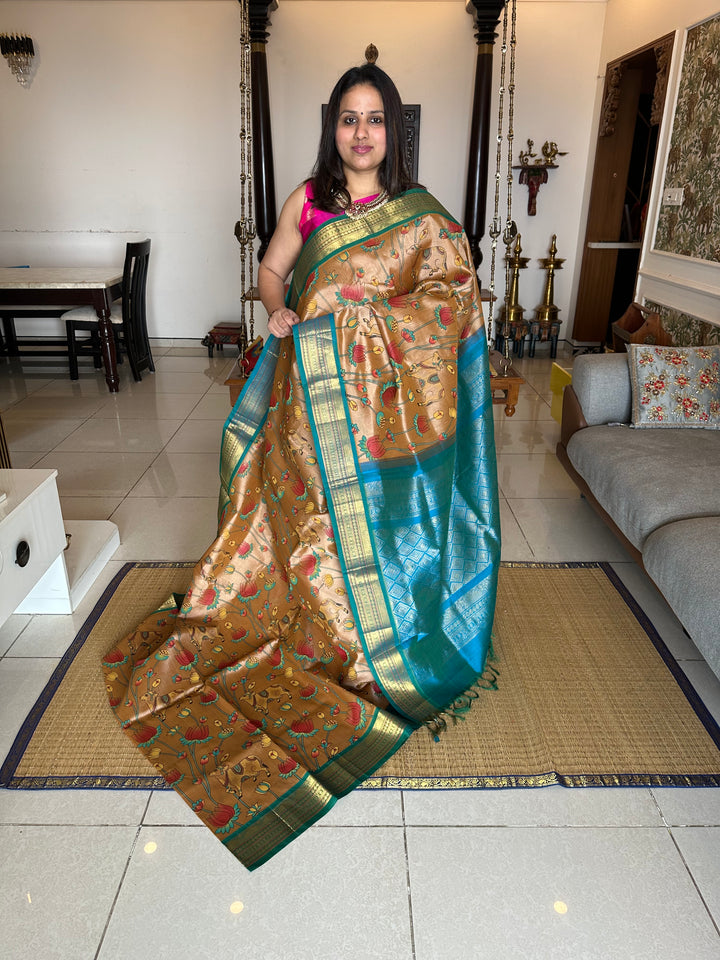 Ven Pattu Shade with Blue Pichwai Printed Korvai Silk Cotton Saree