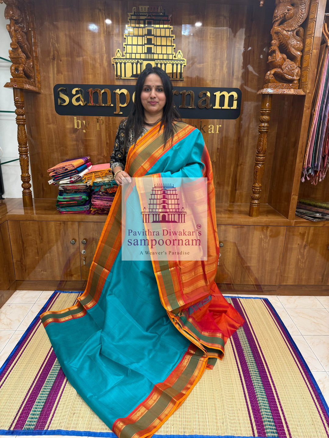 Ramar Blue with Rust Orange , Rettapet Traditional Borders, and Grand Pallu Korvai Silk Cotton Saree