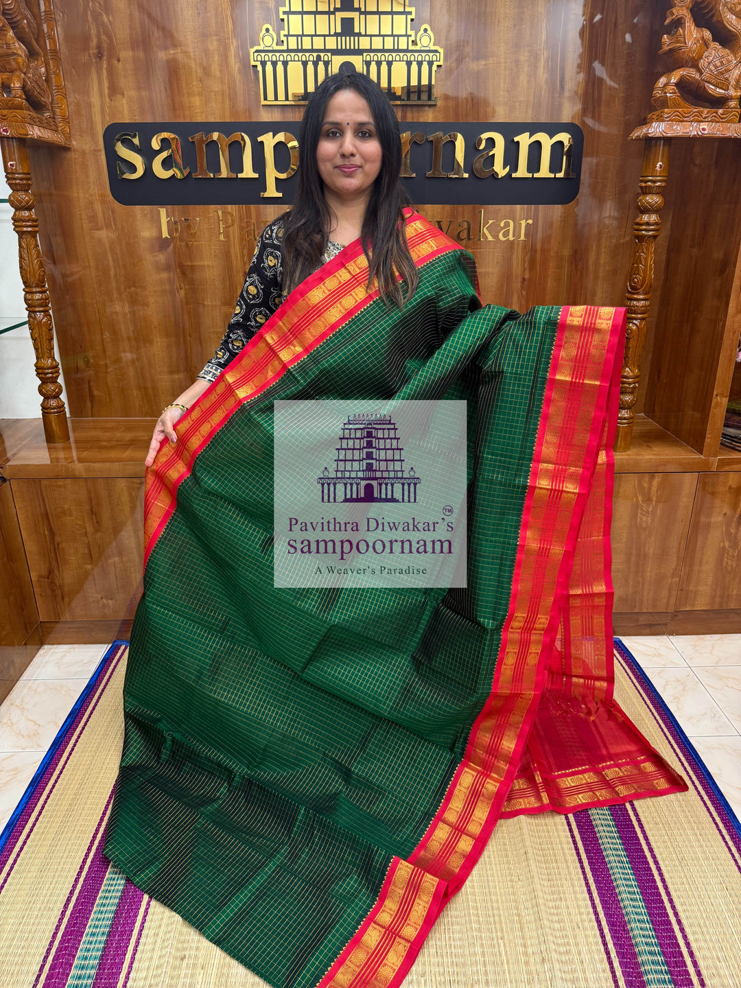 Dark Green with Red, Rich Zari Kattam in the Body, Rettapet Border and Grand Pallu,Korvai Silk Cotton Saree
