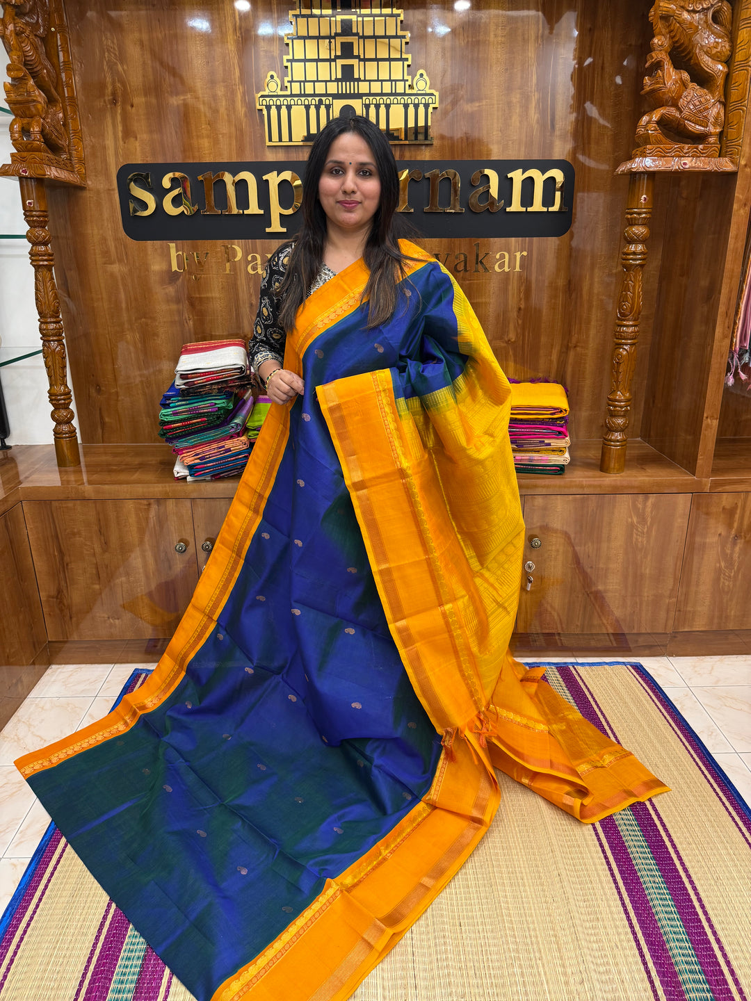 MS Blue with Mustard, Traditional rettapet Border, Mango butta in the Body and Grand Pallu , Korvai Silk Cotton Saree
