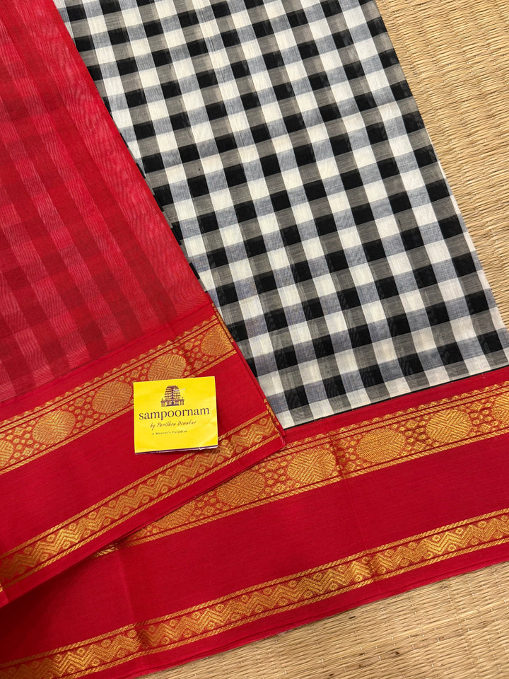 Black and White colour  checks with red , rettapet border and traditional rich Pallu Korvai Silk Cotton Saree