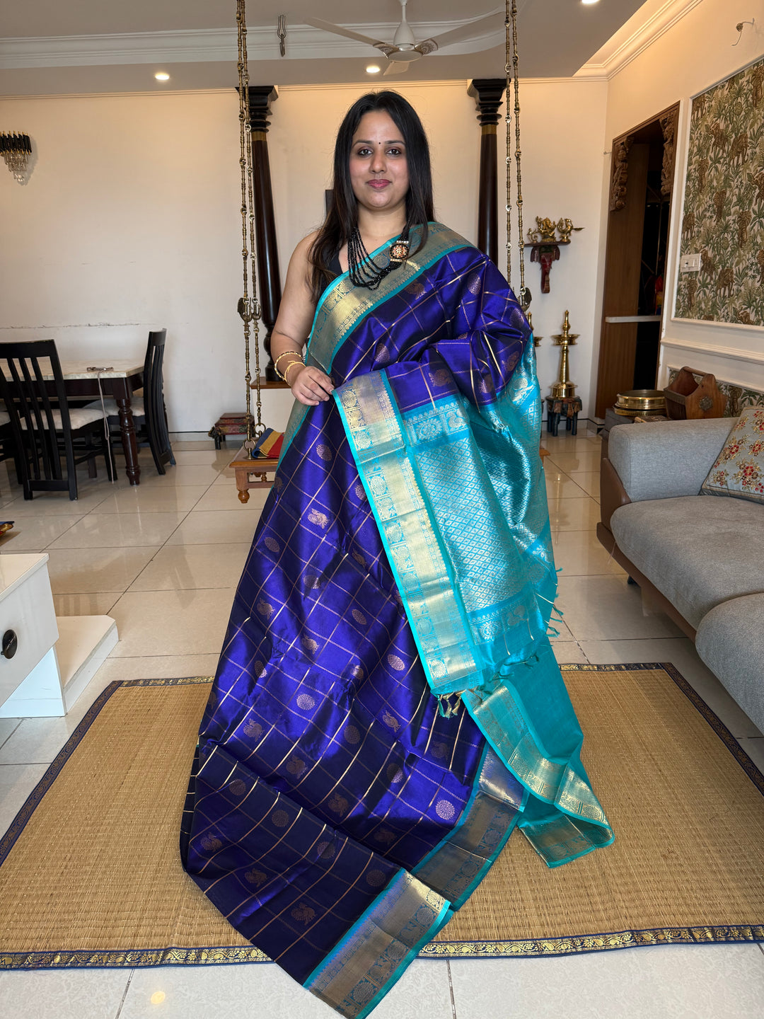 Dark Blue with Light Blue  , Zari Kattam in the body with mayil and Chakram butta , traditional borders and rich Pallu , silk cotton saree