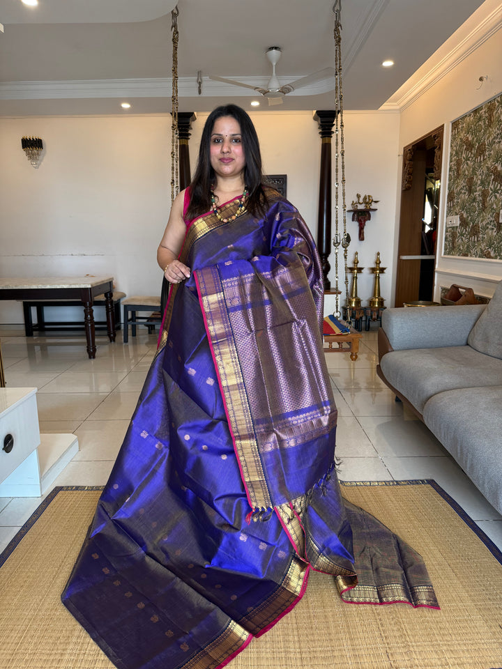 Dark Blue Vairaoosi Saree with Annam and Chakram Butta Silk Cotton Saree