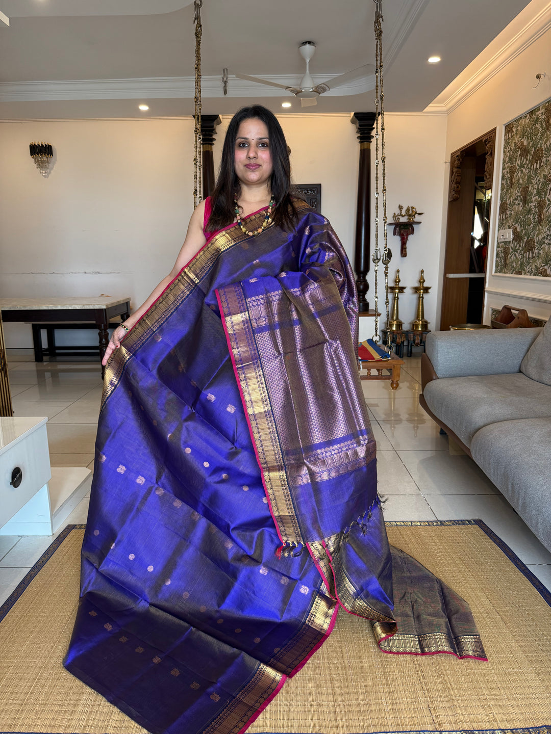 Dark Blue Vairaoosi Saree with Annam and Chakram Butta Silk Cotton Saree
