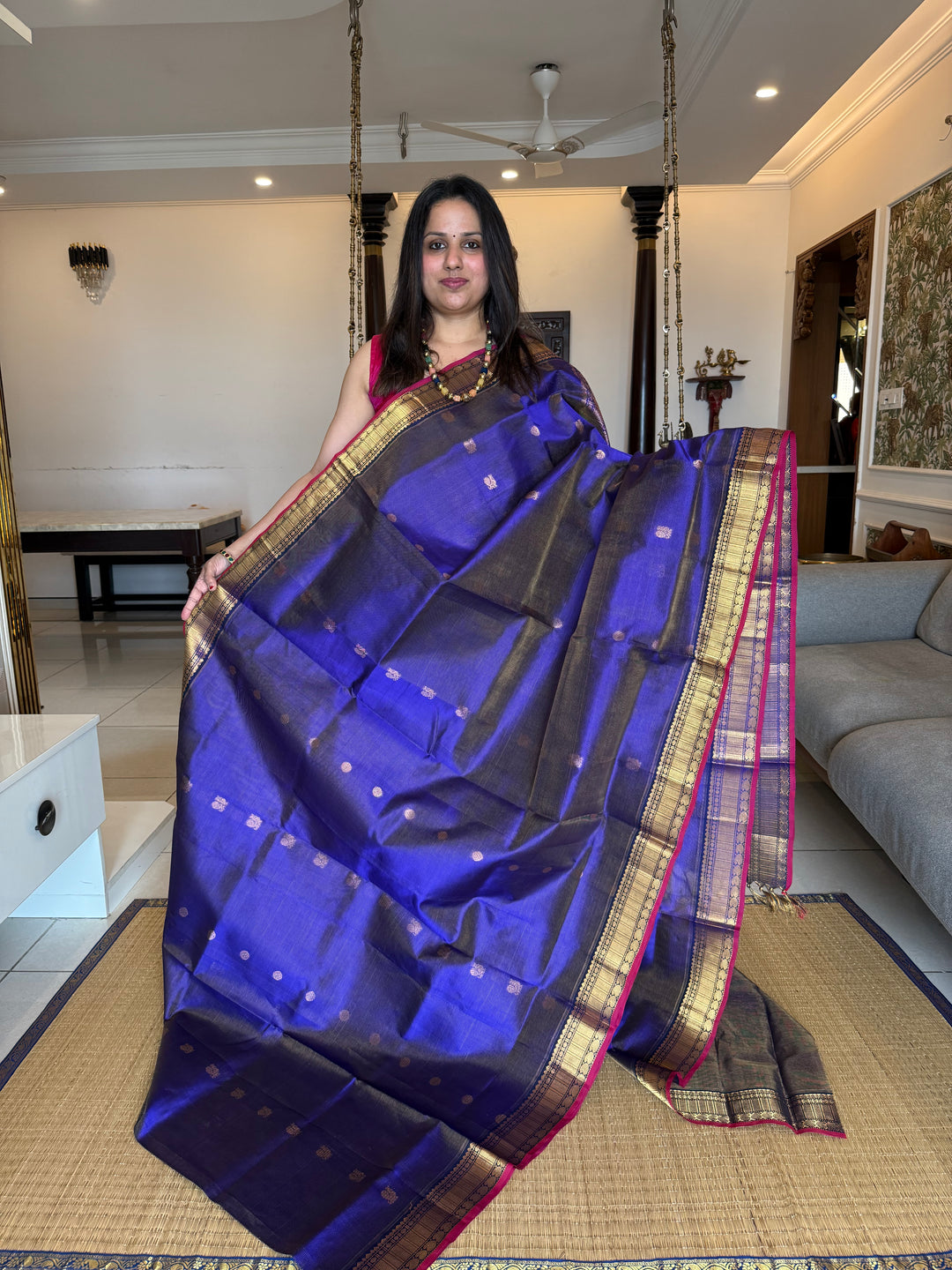 Dark Blue Vairaoosi Saree with Annam and Chakram Butta Silk Cotton Saree