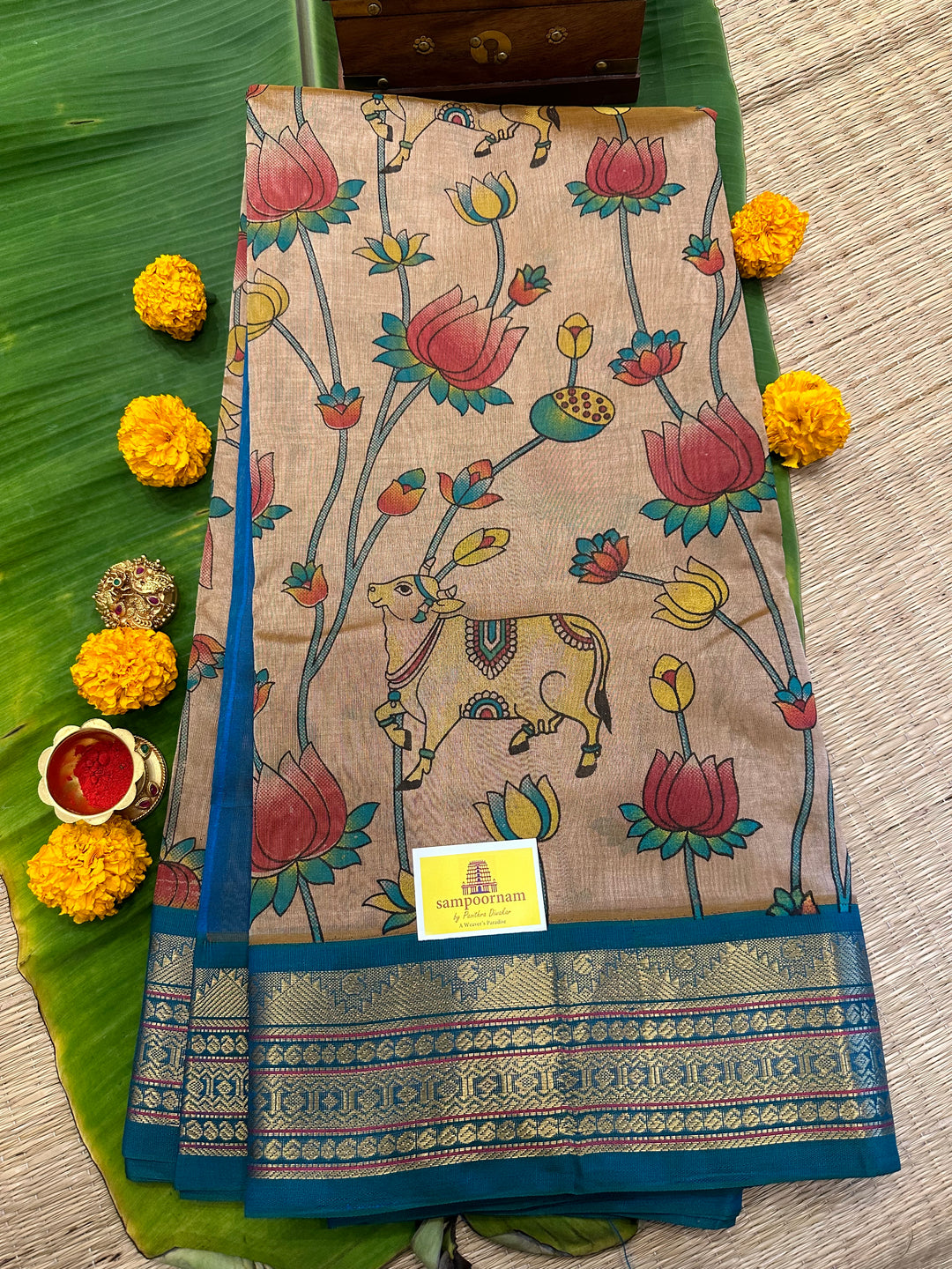 Ven Pattu Shade with Blue Pichwai Printed Korvai Silk Cotton Saree