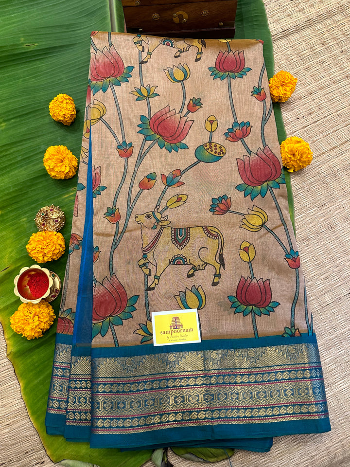 Ven Pattu Shade with Blue Pichwai Printed Korvai Silk Cotton Saree