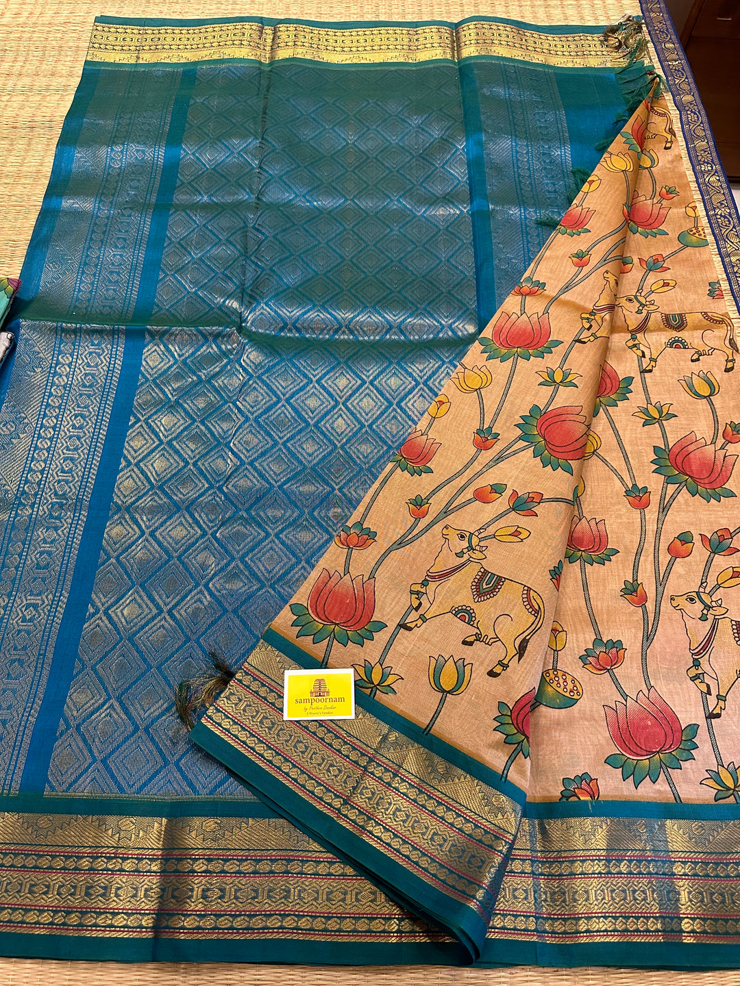 Ven Pattu Shade with Blue Pichwai Printed Korvai Silk Cotton Saree