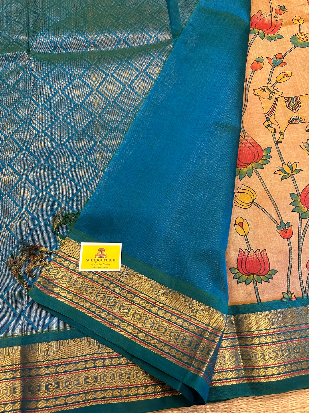 Ven Pattu Shade with Blue Pichwai Printed Korvai Silk Cotton Saree