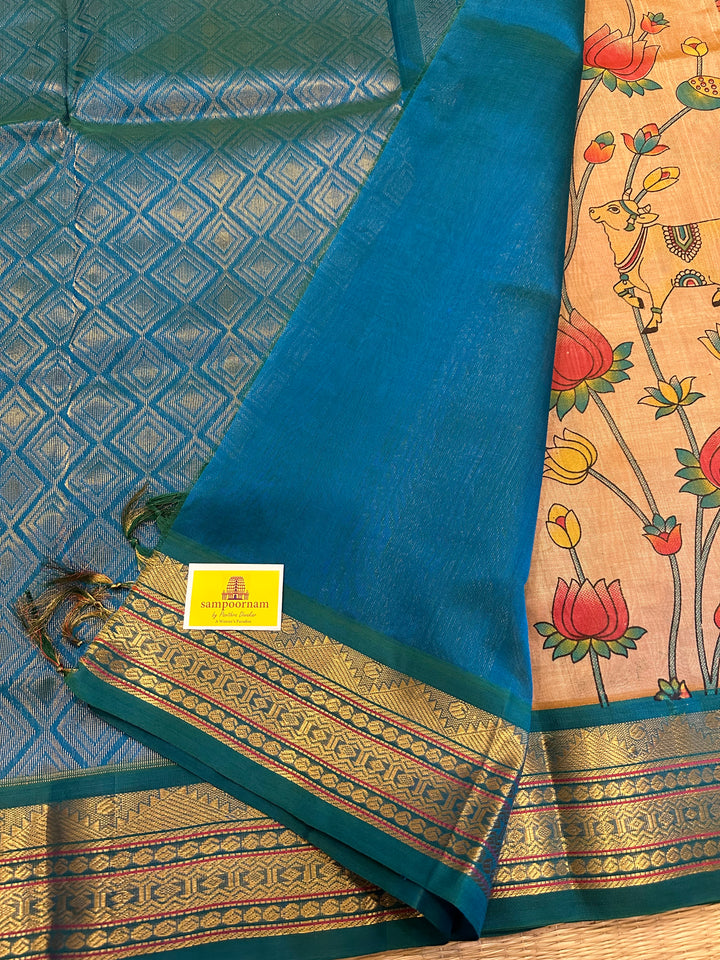 Ven Pattu Shade with Blue Pichwai Printed Korvai Silk Cotton Saree