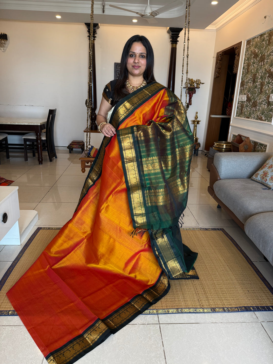 Rust Orange with Dark Green traditional borders rich Pallu Korvai Silk Cotton Saree