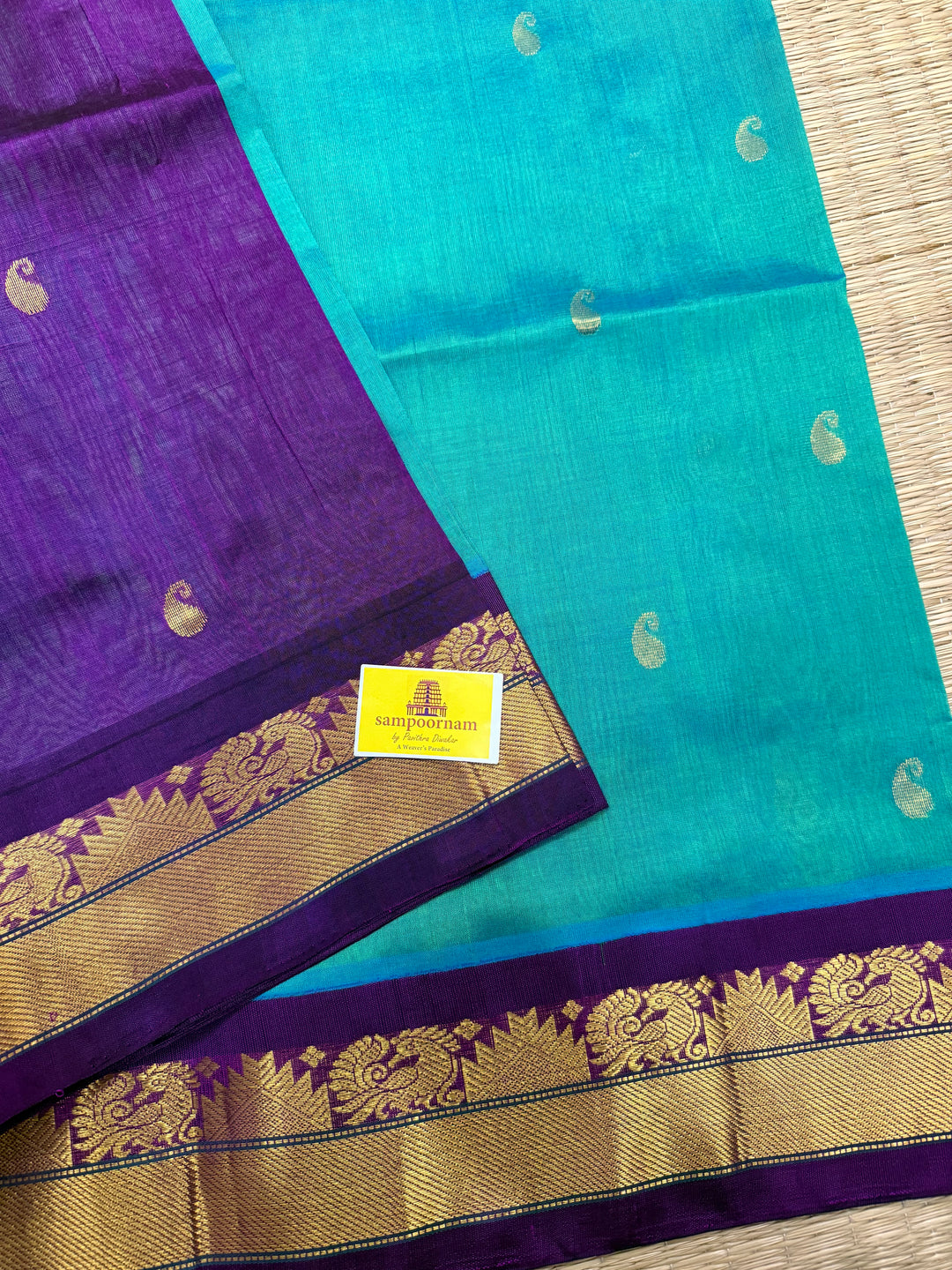 Greenish Blue with Purple Body Zari Mango butta, Traditional Borders and Rich Pallu Korvai Silk Cotton Saree