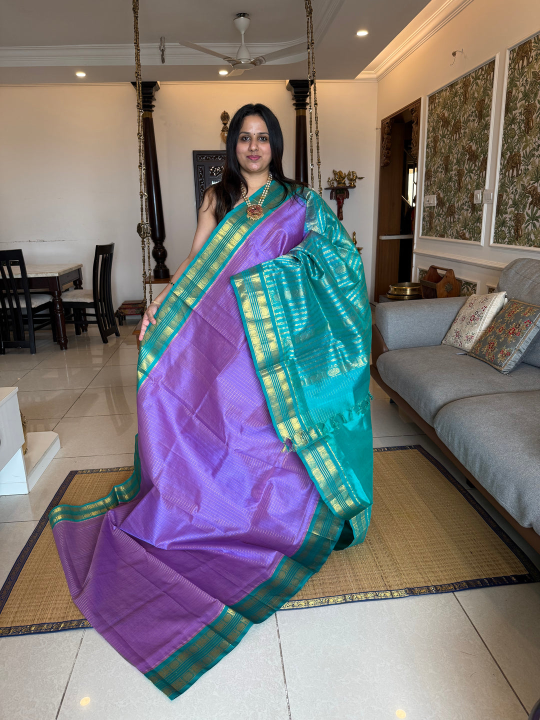 Lavender with Turquoise Blue Zari Kattam in the body , rettapet traditional border and rich Pallu  Korvai Silk Cotton Saree