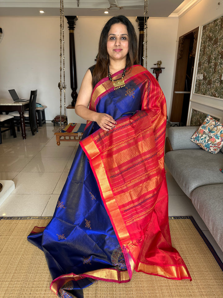 Blue with Red Vaira Oosi Kolam Handblock Printed Silk Cotton Saree