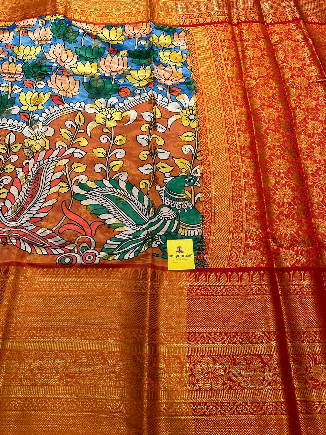Semi Kanchivaram Blue and Red Lotus Annam Printed Silk Saree