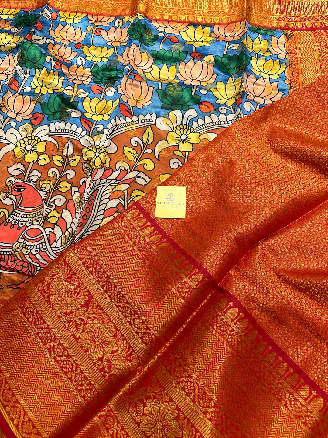Semi Kanchivaram Blue and Red Lotus Annam Printed Silk Saree
