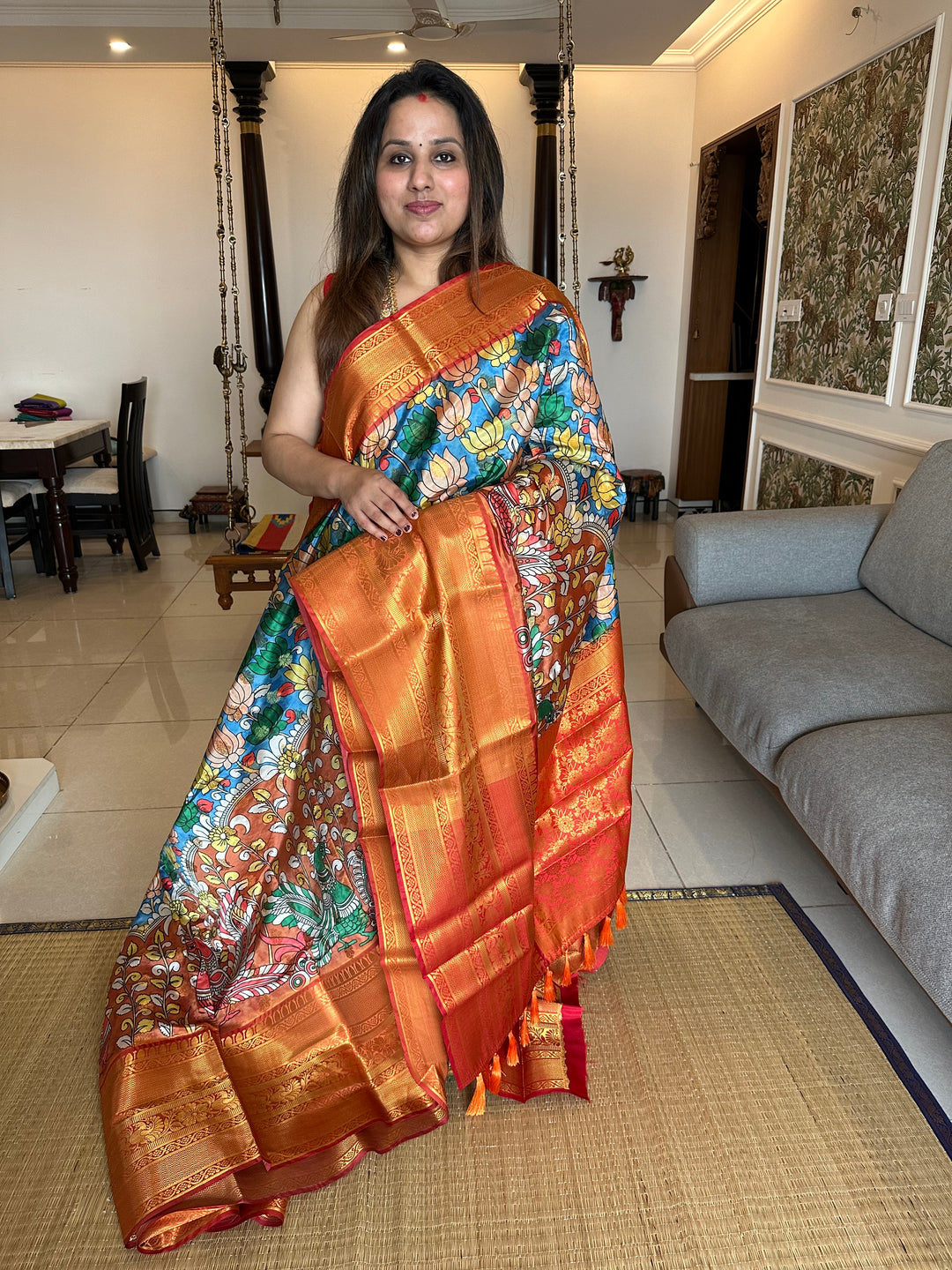 Semi Kanchivaram Blue and Red Lotus Annam Printed Silk Saree