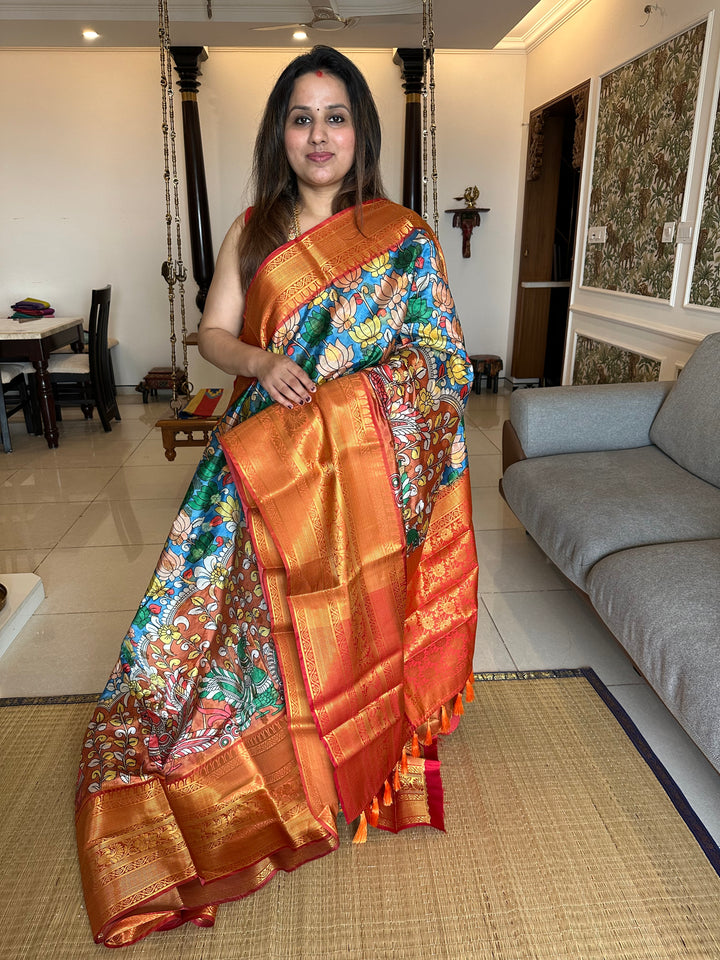 Semi Kanchivaram Blue and Red Lotus Annam Printed Silk Saree