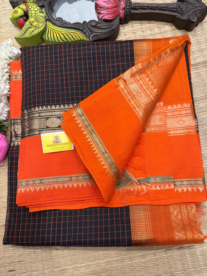 Dark Brown with Fanta Orange  ,Thread Kattam in the body , one side border with Annam Motif and rich Pallu Korvai Silk Cotton Saree
