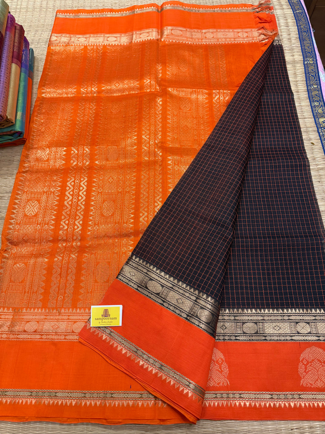 Dark Brown with Fanta Orange  ,Thread Kattam in the body , one side border with Annam Motif and rich Pallu Korvai Silk Cotton Saree
