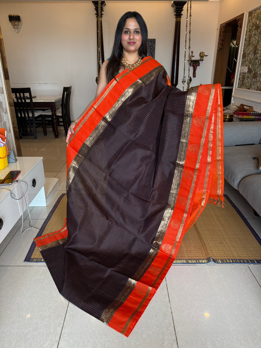 Dark Brown with Fanta Orange  ,Thread Kattam in the body , one side border with Annam Motif and rich Pallu Korvai Silk Cotton Saree