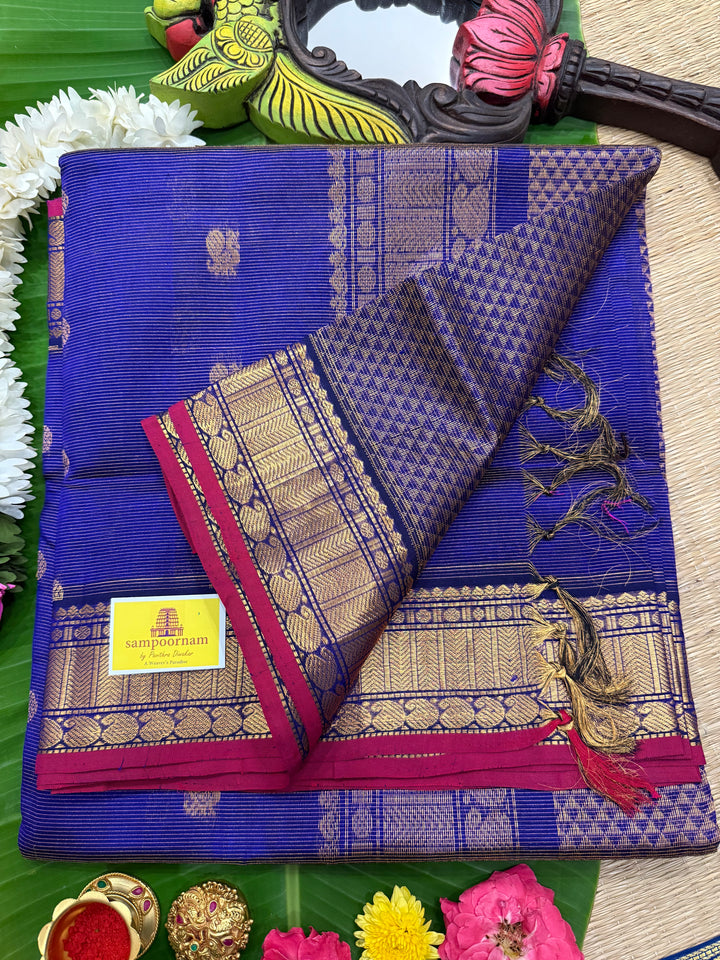 Dark Blue Vairaoosi Saree with Annam and Chakram Butta Silk Cotton Saree