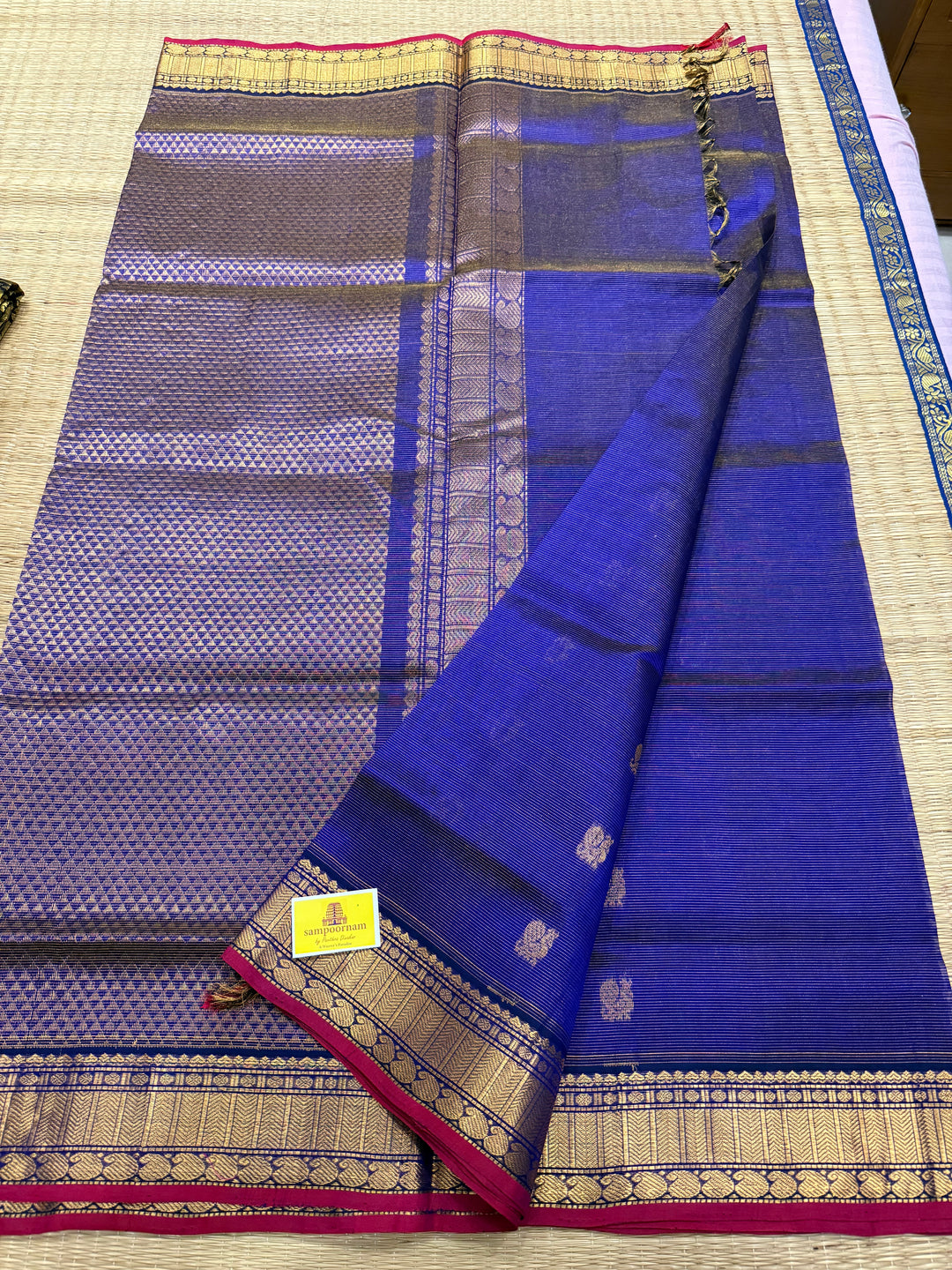Dark Blue Vairaoosi Saree with Annam and Chakram Butta Silk Cotton Saree