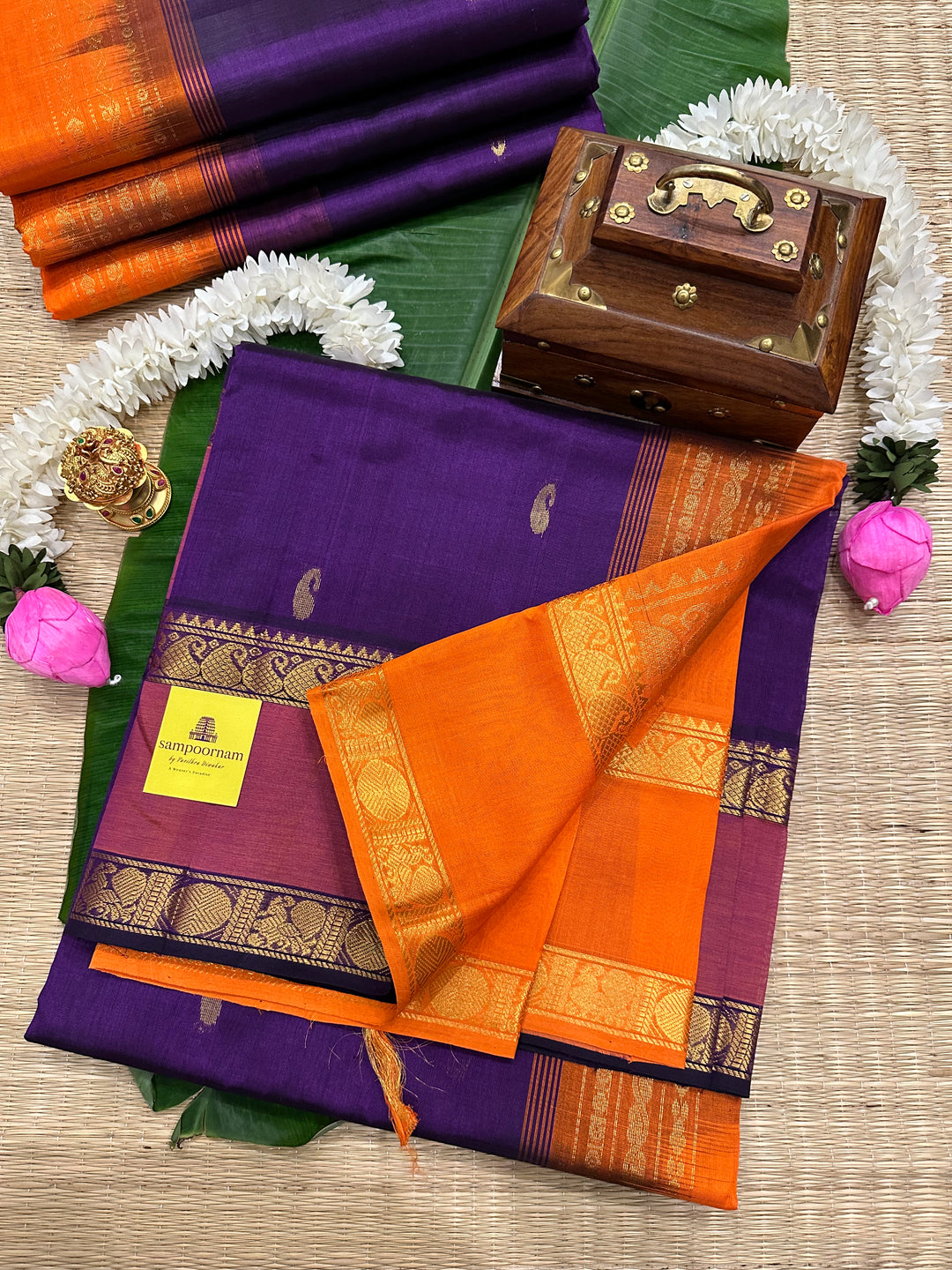 Purple with Orange Rettapet Mango Motif in Body ,Silk Cotton Saree