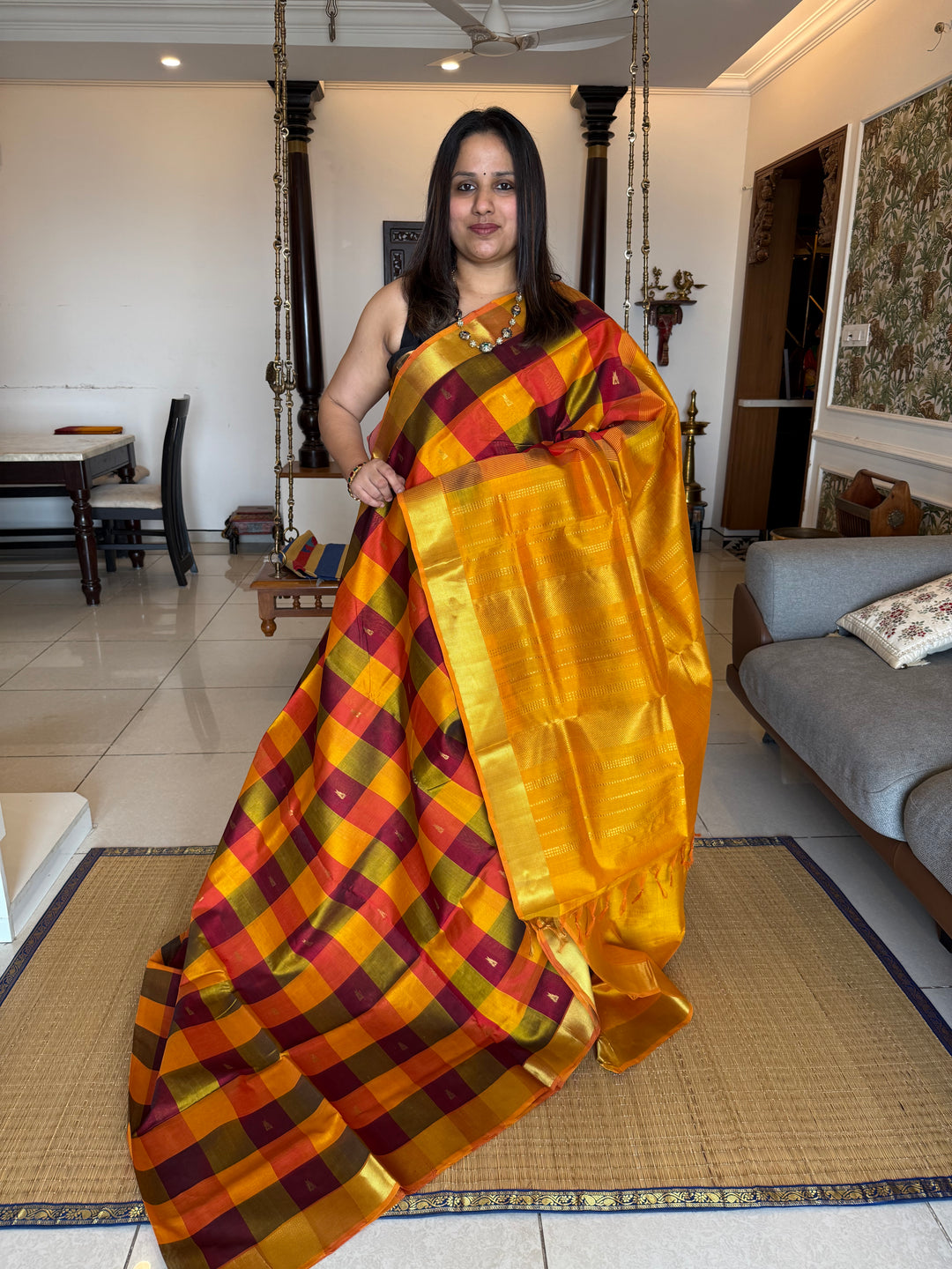 Red, Orange, Mustard Zari Butta in the Body Pallum Pazham Kattam Silk Cotton Saree