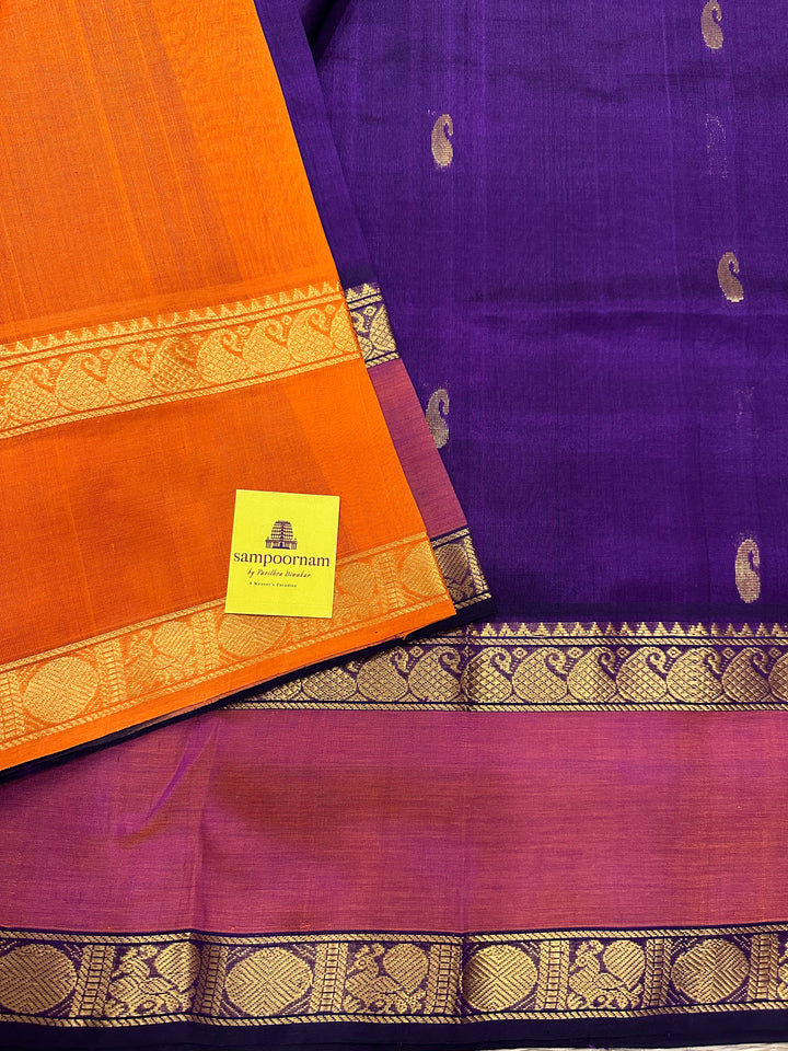 Purple with Orange Rettapet Mango Motif in Body ,Silk Cotton Saree