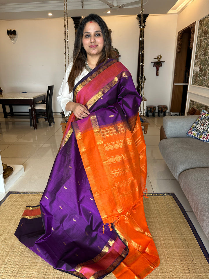 Purple with Orange Rettapet Mango Motif in Body ,Silk Cotton Saree