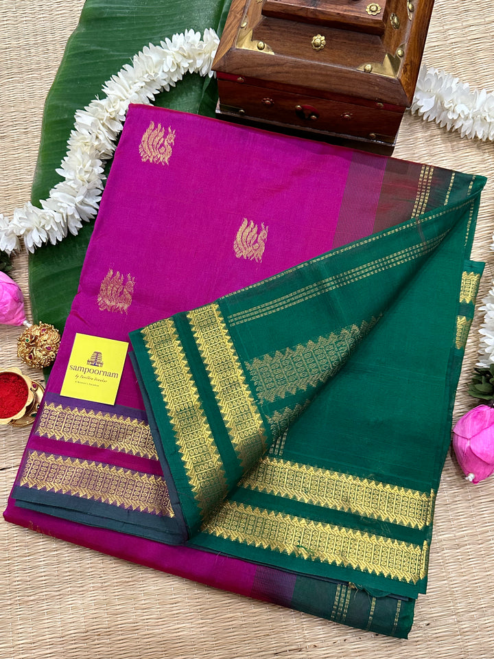 Magenta With Green Rettapet Zari Butta Silk Cotton Saree