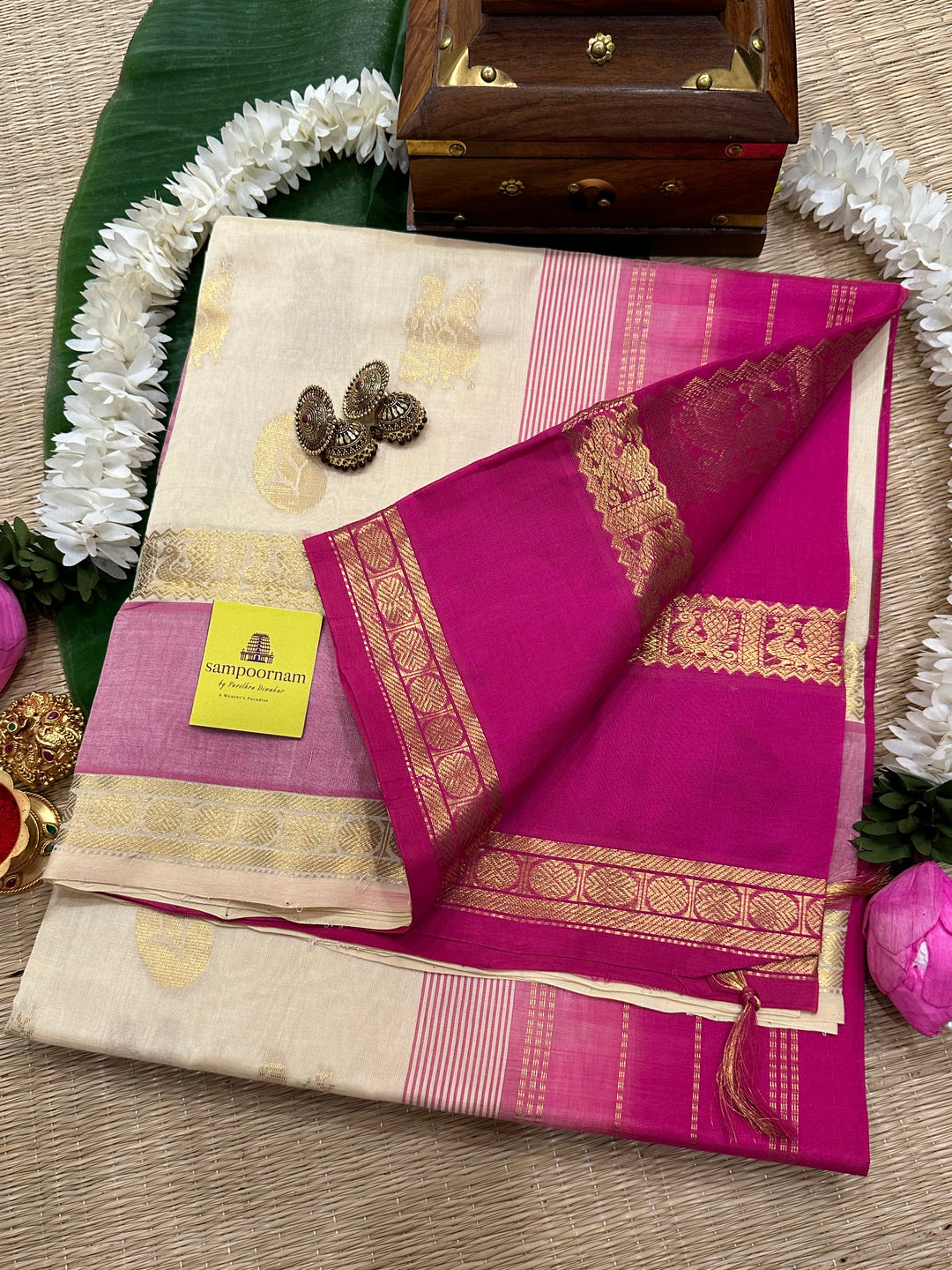 White With Pink Rich Zari Butta Rettapet Silk Cotton Saree