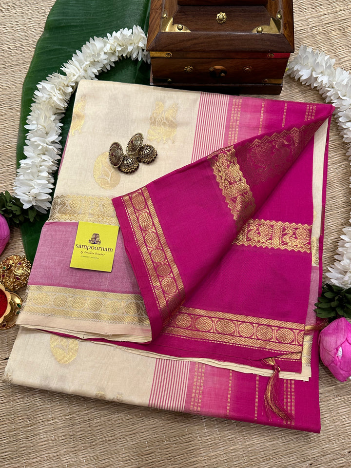 White With Pink Rich Zari Butta Rettapet Silk Cotton Saree