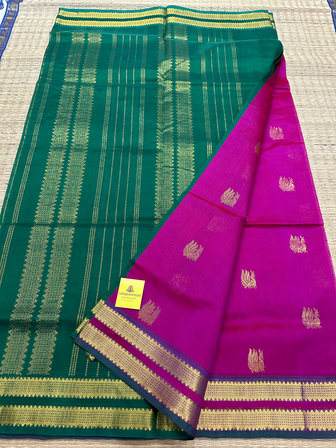 Magenta With Green Rettapet Zari Butta Silk Cotton Saree