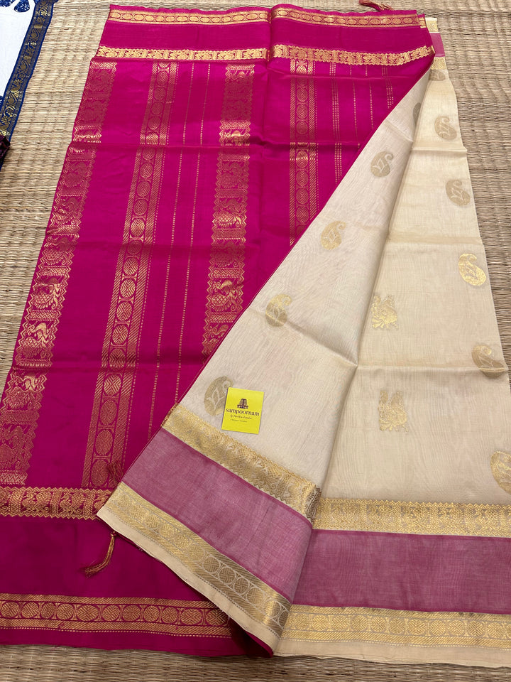 White With Pink Rich Zari Butta Rettapet Silk Cotton Saree