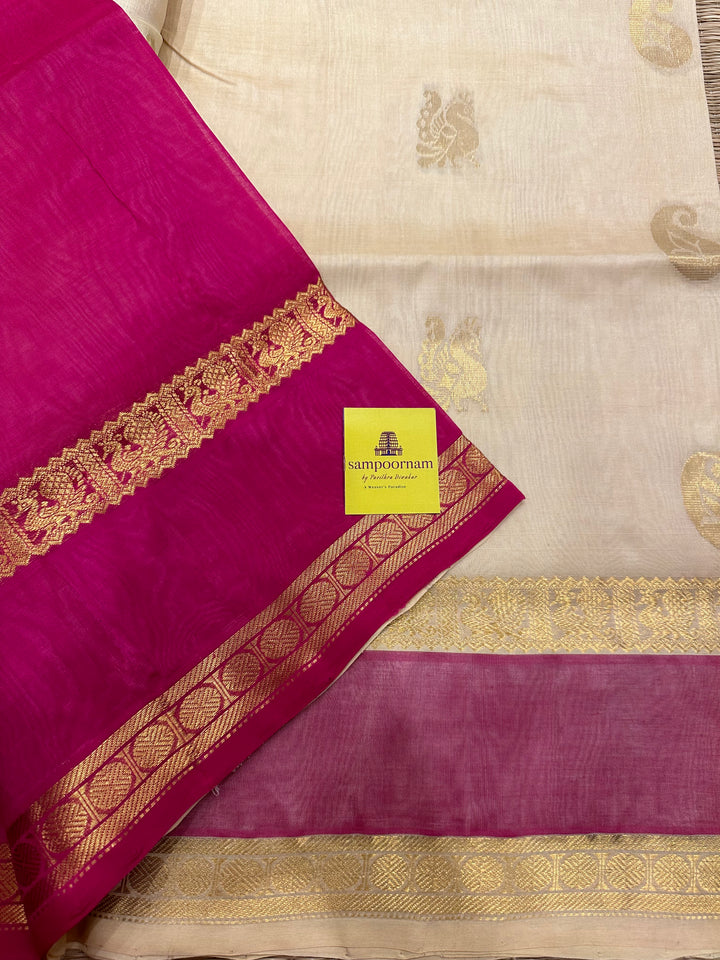 White With Pink Rich Zari Butta Rettapet Silk Cotton Saree