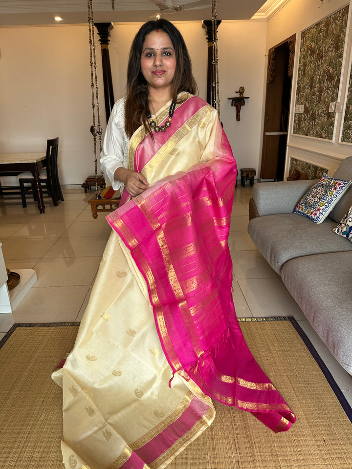 White With Pink Rich Zari Butta Rettapet Silk Cotton Saree