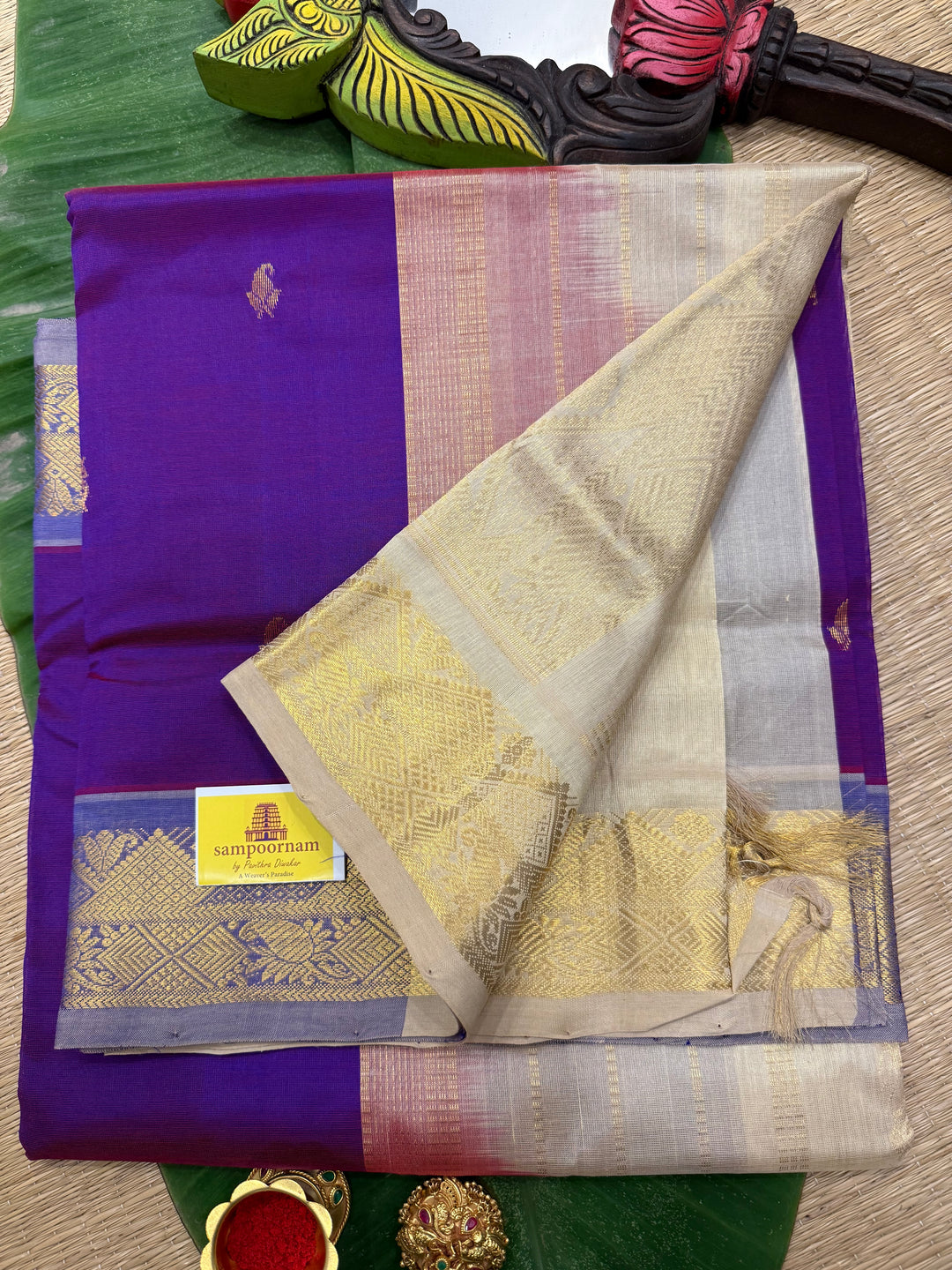 Purple with Offwhite, Rich Zari Butta in the Body Traditional Borders and Rich Pallu Pure Silk Cotton Saree