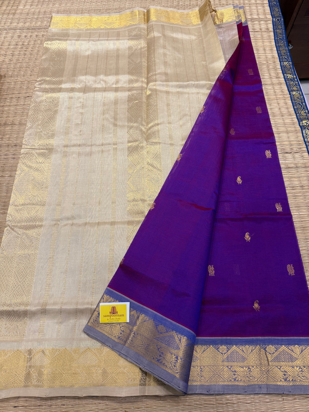Purple with Offwhite, Rich Zari Butta in the Body Traditional Borders and Rich Pallu Pure Silk Cotton Saree
